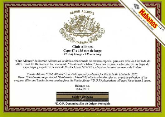 Ramón Allones - Club Allones - Edición Limitada 2015 - Description